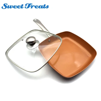 

Sweettreats Copper Pan 10-Inch Nonstick Deep Square Induction Fry Pan with/without Glass Lid, Dishwasher Safe Oven Safe