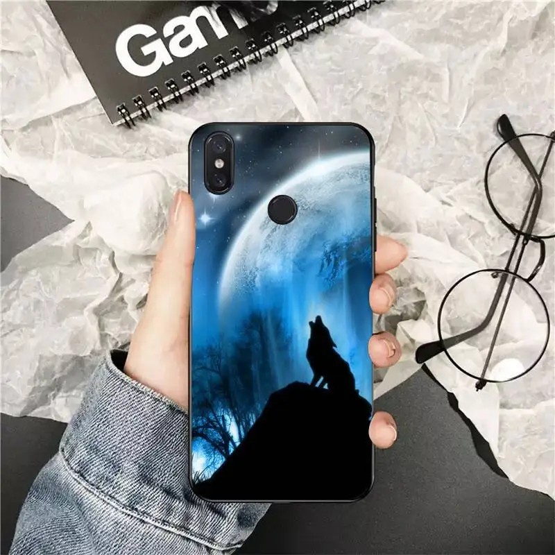 xiaomi leather case glass Yinuoda Moon roaring wolf TPU black Phone Case Cover Hull for Xiaomi Redmi 5plus 5A 6 6A 7 7A Note 7 8 8T 8Pro cases for xiaomi blue