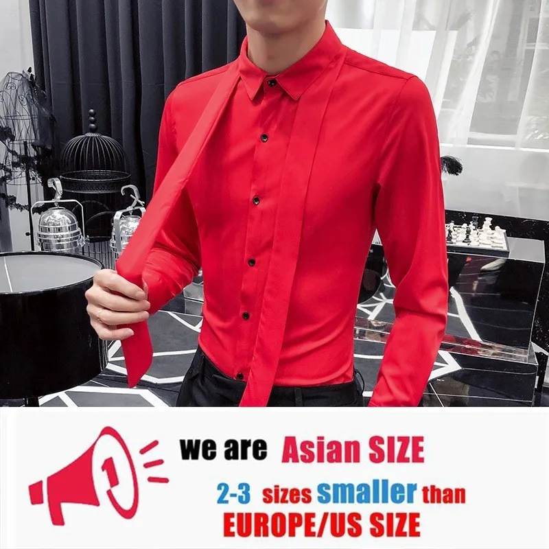 Повседневная рубашка с галстуком, мужская рубашка camisa masculina, с длинным рукавом, корейское платье, приталенный смокинг, рубашки, модные мужские Клубные вечерние рубашки - Цвет: red
