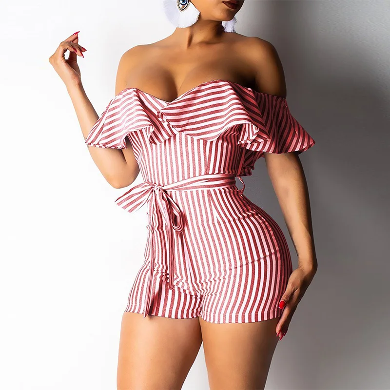

Women Striped Off Shoulder Ruffles Design Romper Female Sexy Bowknot Plasuit One Piece Jumpsuit Overalls for Women 2019