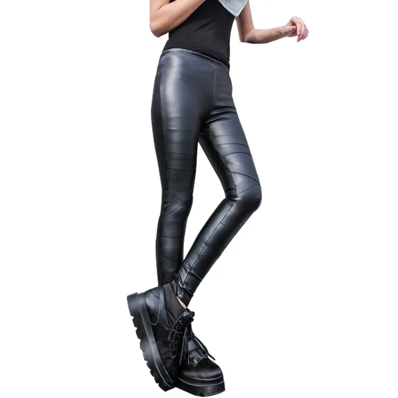 

Beauty luo shi Winter New Style Irregular Joint Bandage Cloth Thick Leather Pants plus Velvet Super Soft Warm Bundled Skinny Pan