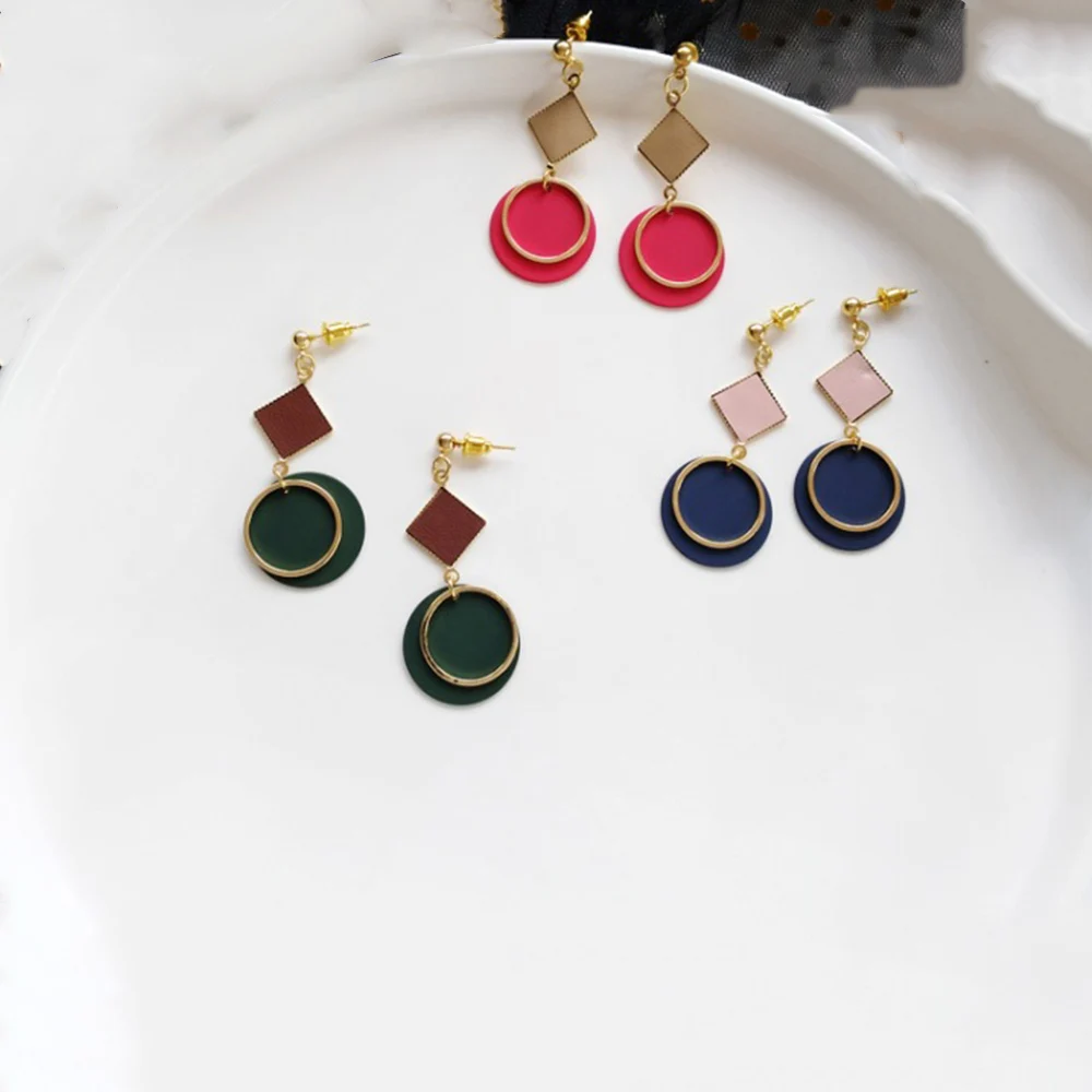 

Women Geometric Round Drop Earrings Enamel Jewelry Multicolored Square Earring Statement Jewelry pendientes mujer