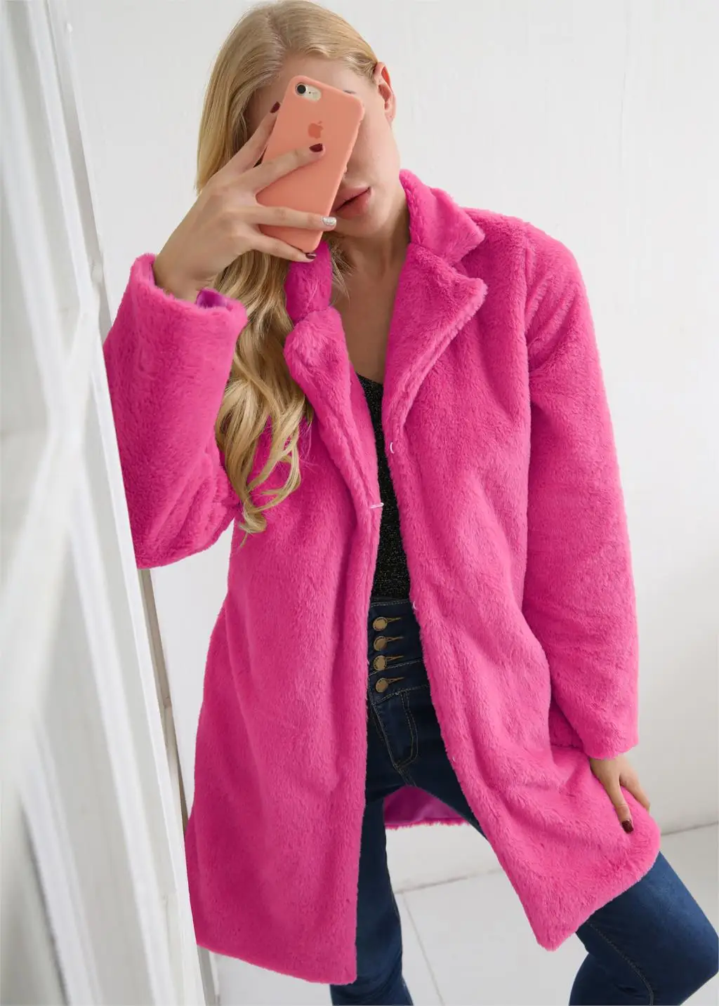 Длинное зимнее пальто для женщин Veste Femme, женское плюшевое осеннее пальто из искусственного меха, флисовая куртка Mujer Chaqueta Mujer, розовое красное Свободное пальто