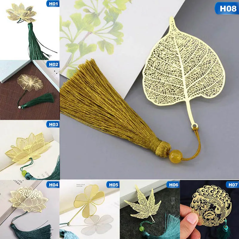 

Vintage Chinese Style Gold Metal Hollow Lotus Tassel Bookmark Stationery Book Folder Office School Exquisite School Supplies