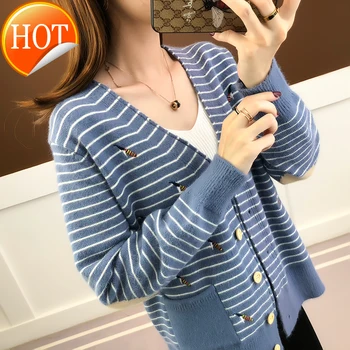 

Autumn New 2020 lazy style knitted cardigan short long sleeve striped top loose casual spring autumn coat for women