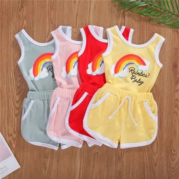 

Newborn Baby Girls Ribbed-knitted Clothes Infant Baby Girl Sleeveless Flower Rainbow Unisex Romper Tops High Waist Pocket Shorts