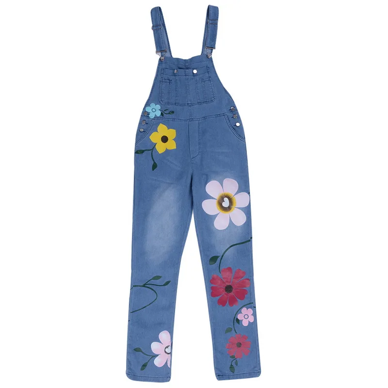 light blue Женские длинные джинсы с цветочным принтом; Новинка; женские джинсы; весенние джинсы на бретелях; светильник с эффектом потертости; комбинезоны с карманами; прямые брюки - Цвет: light blue