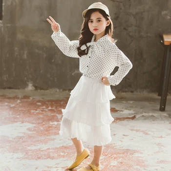 

2020 New Spring 2Pcs Fashion Girls Clothes Sets Children Kids Baby Girls Clothing White Dot Long Sleeve Shirts And Skirts Set