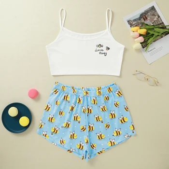 

Summer Thin Bee Print Pajama Sets for Women Cotton Sleepwear Girls Sleeveless Sexy Lingerie Two Piece Set Nightwear 2020 New