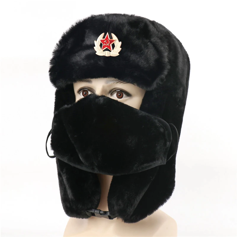 Winter Hat Fashion Hat Fur Hat Earflap Hat Faux Fur Hat CAMOLAND Winter Thermal Faux Rabbit Fur Bomber Hats Women Men Soviet Army Military Badge Russia Face Neck Earflap Snow