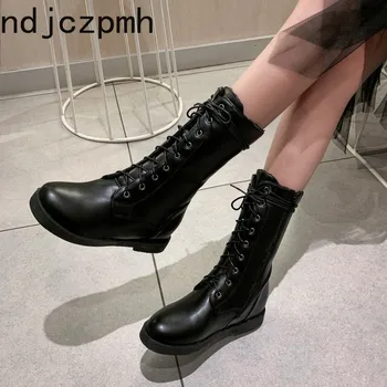 

Martin Boots The New Winter Fashion Round Head Zipper Thick Heel Low-heeled Middle Tube Women's Shoes Plus Size 32-43 Black