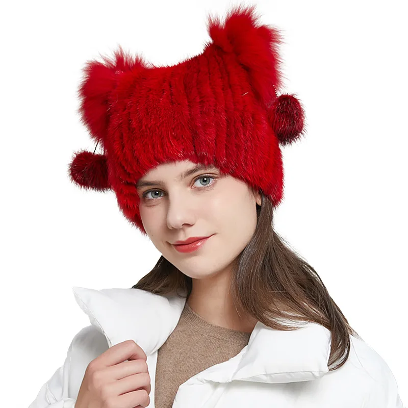 

HY-01 Popular Style Imported Mink Fur Braided Hat Fashion Fox Fur All-Matching Fur Hat