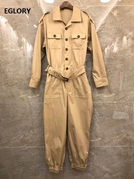

High Quality Jumpsuits 2020 Spring Overalls Women Turn-down Collar Chest Pocket Patchwork Casual Yellow Green Black Jumpsuit