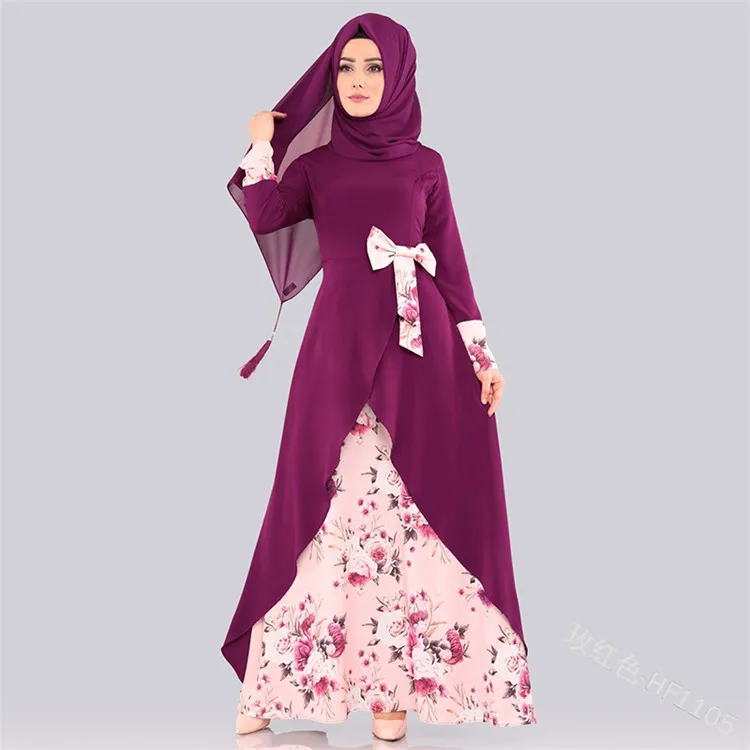 WEPBEL Muslim Women Dress Abaya Islamic Arabic Bow Casual Slim Flower Floral Full Sleeve Ladies Dresses