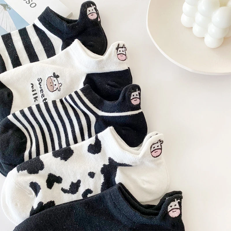 

Ankle socks cartoon animal print cow white striped cute calcetines kawaii woman harajuku kobieta skarpety socken designer cotton