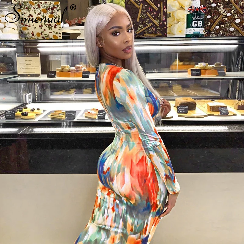 Simenual V Neck Sexy Fashion 2020 Print Women Bodycon Dresses Long Sleeve Party Clubwear Skinny Hot Pencil Midi Dress Spring Simenual V Neck Sexy Fashion 2020 Print Women Bodycon Dresses Long Sleeve Party Clubwear Skinny Hot Pencil Midi Dress Spring