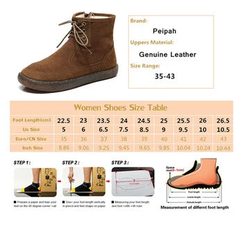 PEIPAH Genuine Leather Women Flat Boots Ladies Wool Lace Up Marting Shoes Woman Ankle Solid