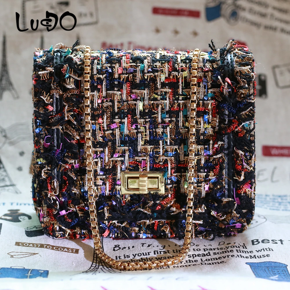 

LUCDO Brand Wool Chain Crossbody Bag For Women 2019 Winter Hairy Small Diamond Chain Striped Plaid Wool Sweet Puzzle Woollen Bag