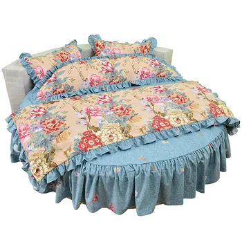 

100% Cotton 4 Pcs Blue Gold Bed Skirt Ruffles Pillowcase & Duvet Cover Customizable Size Round Comforter Bedding Set Luxury