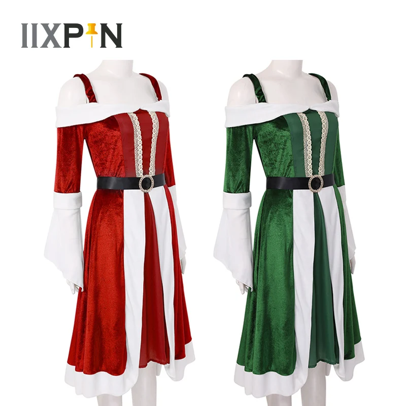 

Winter Woman Christmas Cosplay Costumes Mrs Miss Santa Claus Fancy Party Dress Warm Long Flared Sleeves Dresses with Belt