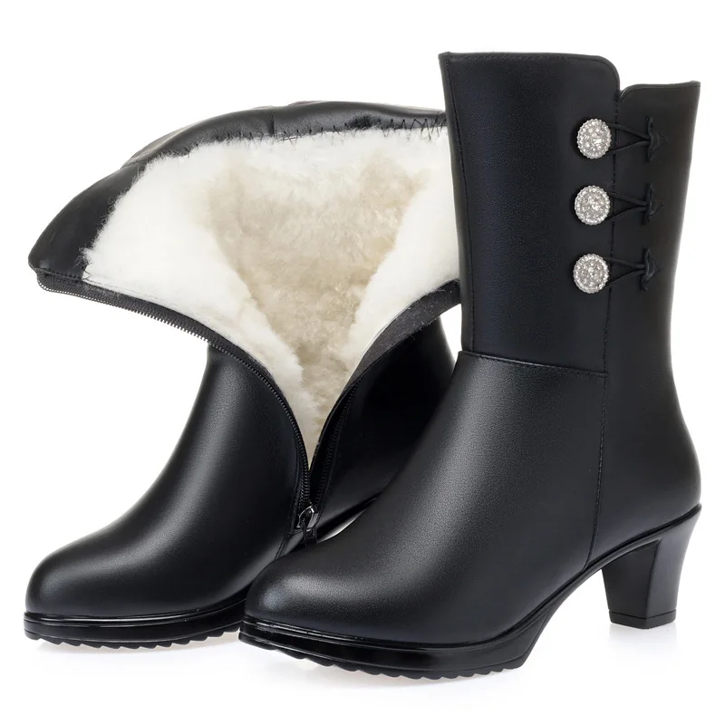 Winter plus velvet cotton shoes women's shoes wool large size mid-heel thick-soled mid-tube boots women full leather short boots