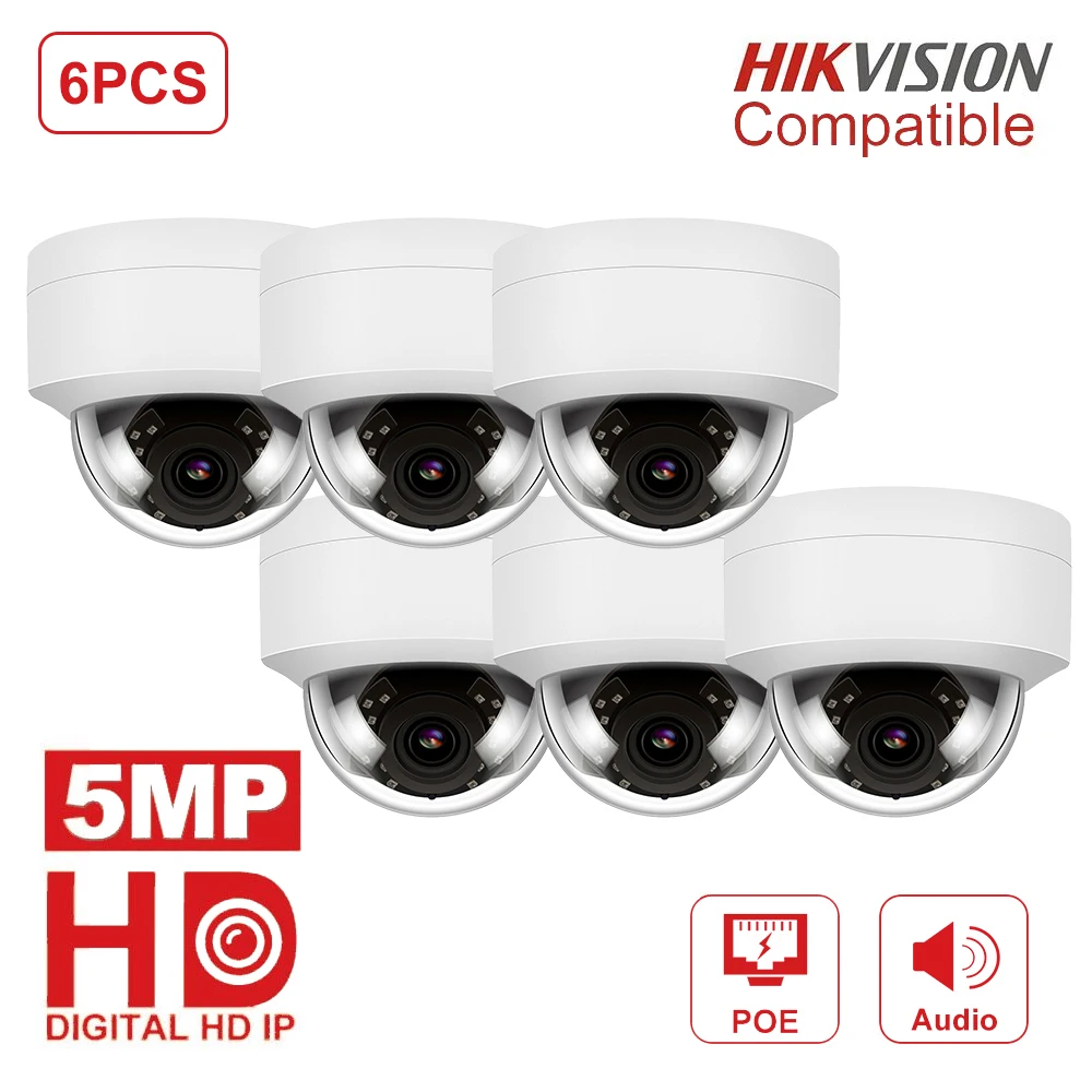 6 шт./лот Hikvision совместимый HD купольная камера видеонаблюдения H.265 открытый 5MP POE IP камера Аудио Поддержка IR30M Moton обнаружения