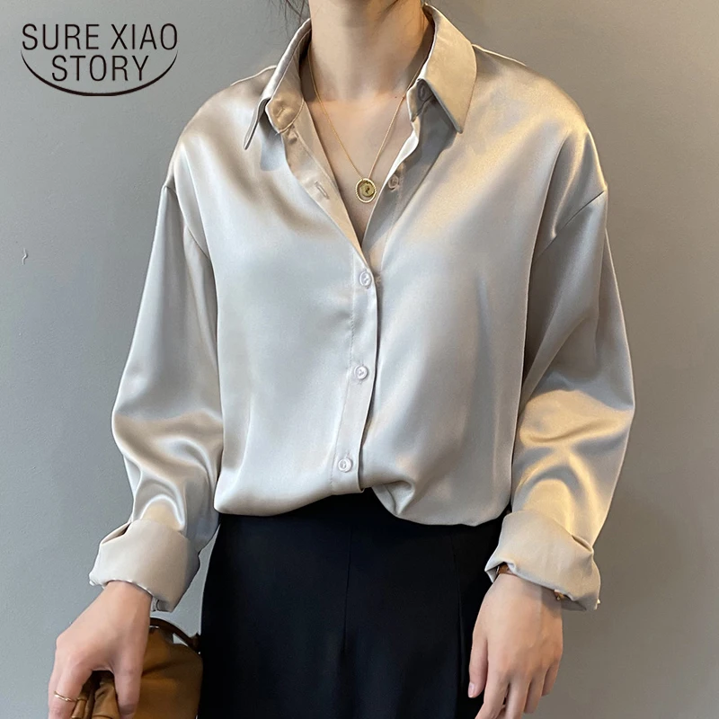 2021 Autumn Button Up Satin Silk Shirt Women Vintage Blouse Women White Lady Long Sleeves Female Solid Loose Shirts Blusas 11355