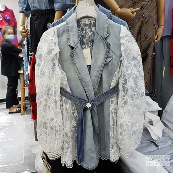 

Denim Jacket Womrn 2020 Spring and Summer New Denim Lace Jacket Female Lace Puff Sleeve Loose Sunscreen Coat Ropa De Mujer