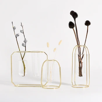 

New Arrivals Home Office Desktop Decoration Dried Flower Vase Glass Test Tube Vase Hydroponic Vase With Metal Wrought Iron Stand