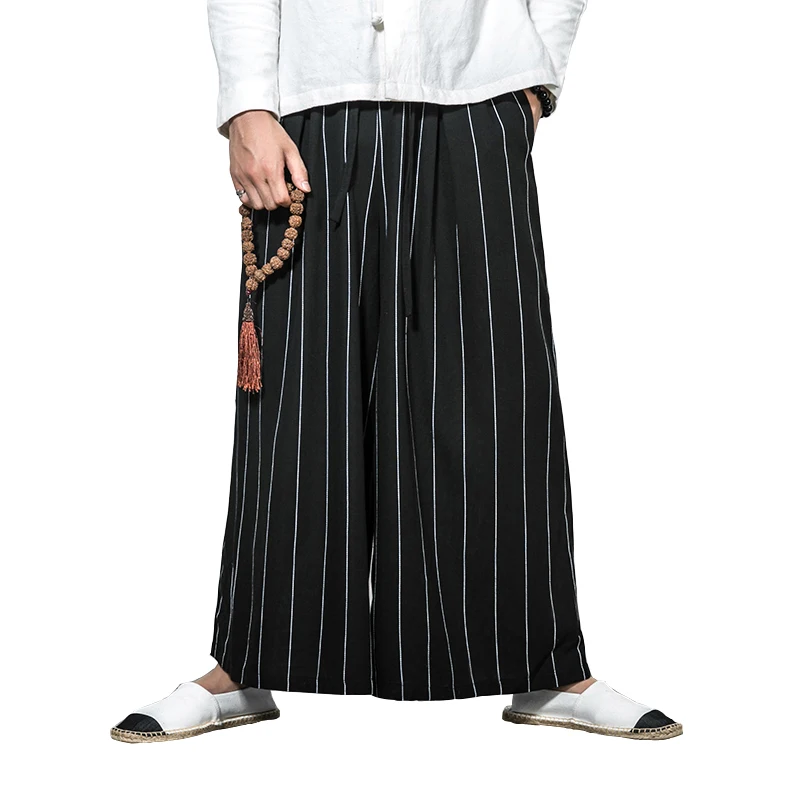 

Man Cotton Linen Loose Wild Leg Pant Men Casual Stripe Straight Trousers Male Traditional Oversize Pants Trousers M-3XL