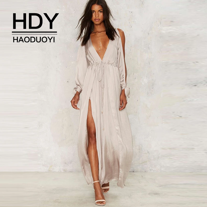 

HDY Haoduoyi New Fashion Summer Split Strapless Ladies Casual Sexy Party Long Sleeve Elegant Female V-neck Solid Maxi Dress