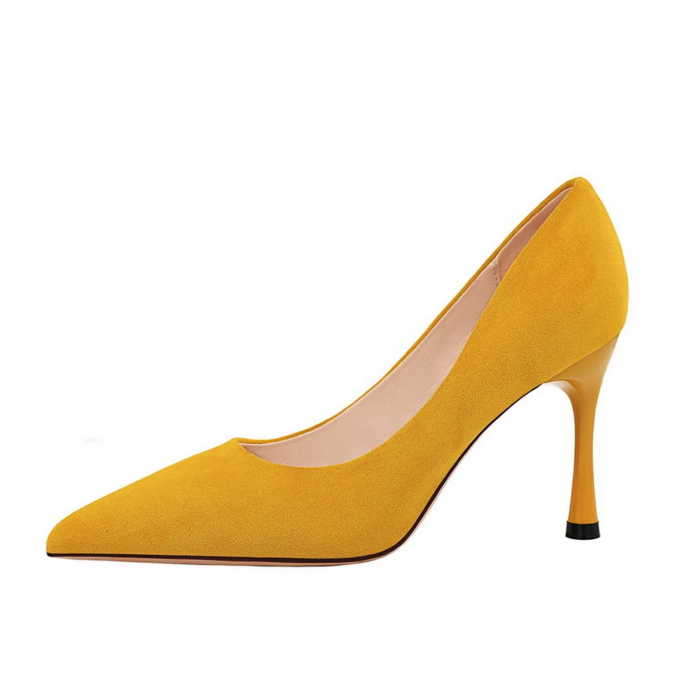 Женские замшевые туфли-лодочки на высоком каблуке 8,5 см; женские модные пикантные офисные туфли из флока на низком каблуке с острым носком; цвет синий, желтый