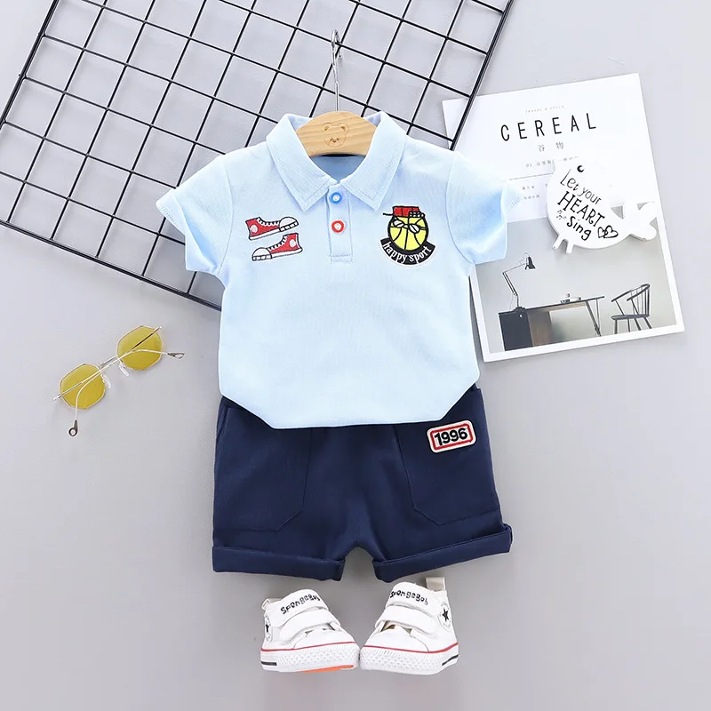 Sky Blue Детская одежда летняя одежда для маленьких мальчиков и девочек модный хлопковый комплект, однотонный спортивный костюм для мальчиков, футболка+ шорты - Цвет: Sky Blue
