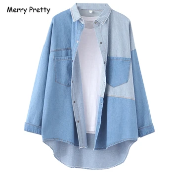 

MERRY PRETTY Women's Blue Denim Top And Blouses Girls Autumn Long Sleeve Turndown Collar Jeans Shirts 2 Pockets Blusas Mujer