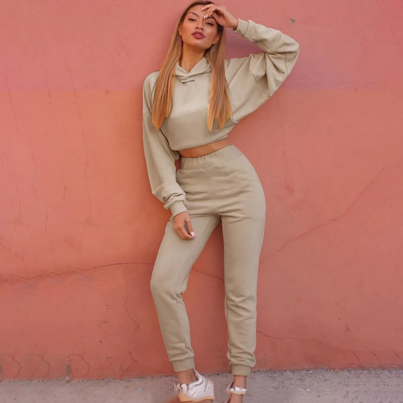 Women Hoodie Two Piece Set Casual Long Sleeve Solid Pullover Top+ Jogging Pants Suit 2021 Elastic Female Tracksuit Sportwear 1