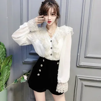 

European Small Shirt 2019 New Korean Style Relaxed And Versatile Heavy Industry Lace V-neck Western Style Shirt Fashion