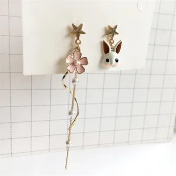 

Korea Cute Metal Texture Rabbit Flower Pearl Tassel Asymmetry Pendant Earrings Fashion Sweet Girl Women Jewelry Accessories