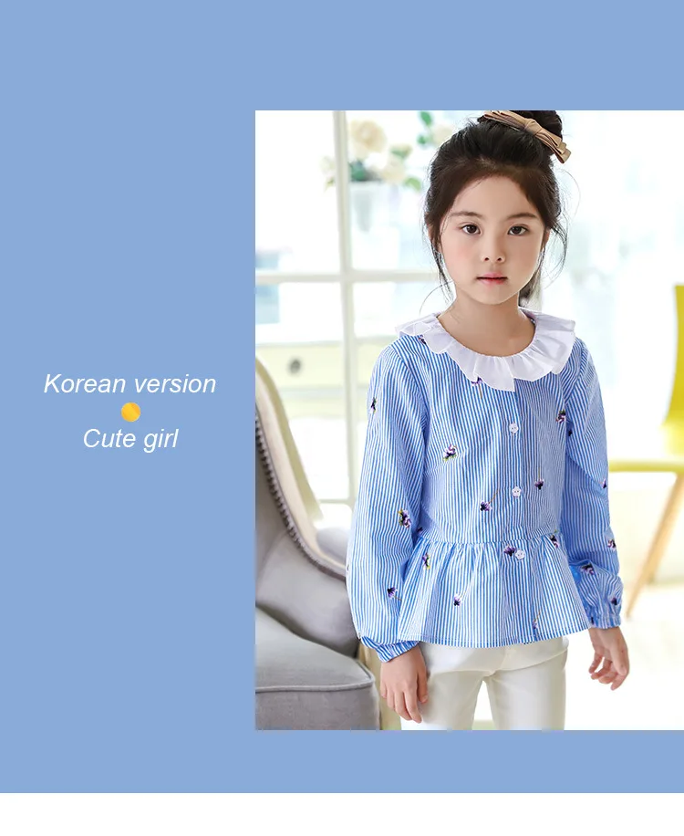 Spring New Products Girls Long Sleeve Vertical Striped Shirt Korean-style Childrenswear Big Boy Peter Pan Collar Tops D087