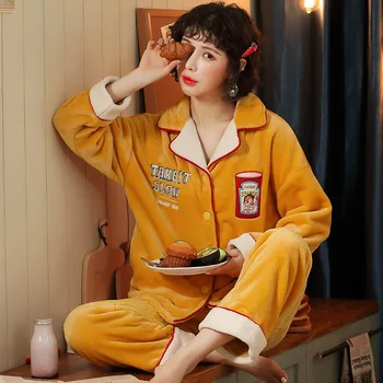 

BabYoung Women Winter Pijama Mujer Coral Down Cashmere Cardigan Pajamas Set Woman Home Wear Thick Sleepwear