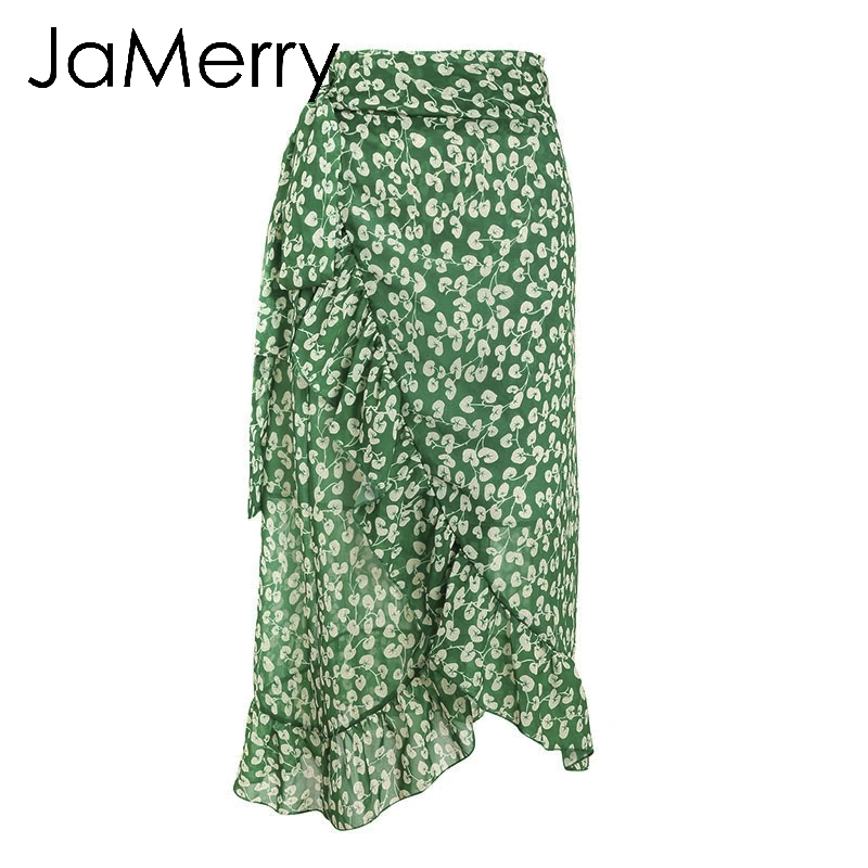 Зеленый JaMerry, Boho, с высокой талией, с поясом, длинные юбки, женские, с цветочным рисунком, весна-лето, юбки, женские, асимметричные, с оборками, пляжные, летние юбки - Цвет: Зеленый