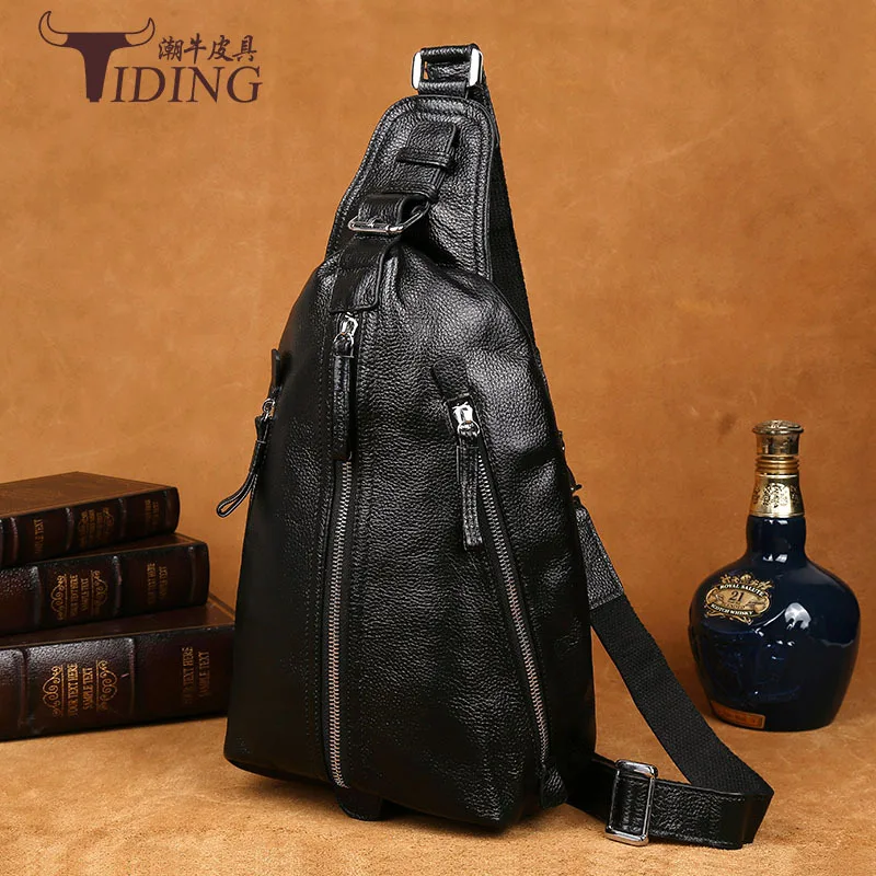 

Tiding Triangle Bag Vertical Zipper Large-Volume Cowhide Chest Bag Shoulder Bag Men's Bag Can Be Installed Mini I-PAD