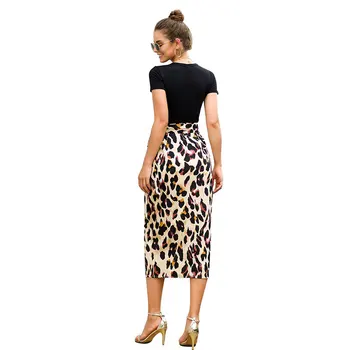 

2019 Women Skirt New Autumn Sexy Leopard Print One-piece Lace Up Split Strap Wrap Pencil Mid-calf Length Skirt