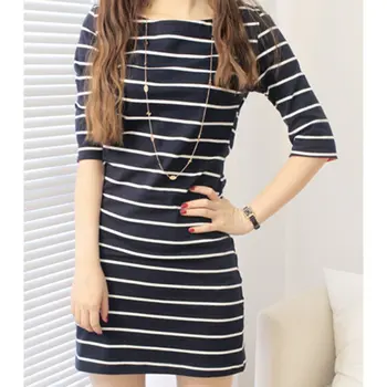 

Korean Half Sleeve Striped T-shirt Round Collar Pullover Dress Patchwork New Fashion For Women Summer Comfortable