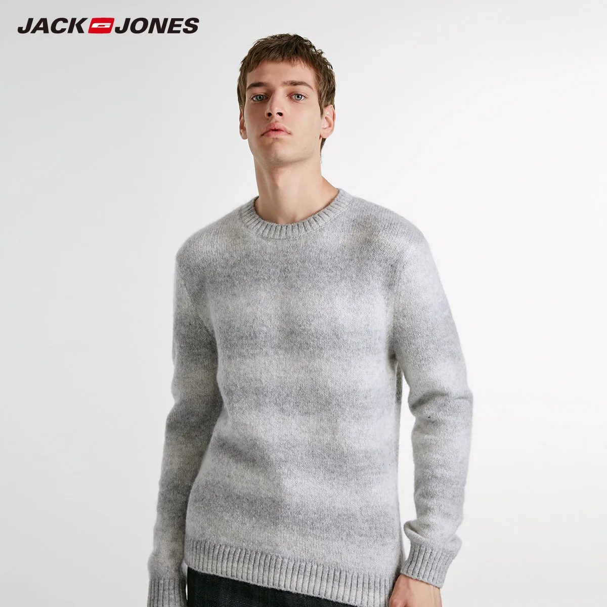 JackJones зимний полосатый шерстяной свитер с круглым вырезом | 218425530 - Цвет: LIGHT GREY MELANGE