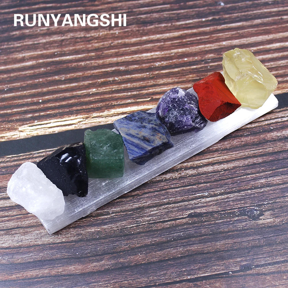 Runyangshi 7pc / set natural crystal seven chakras Large unpolished raw stone Healthy energy cure quartz + Gypsum rod base | Дом и сад