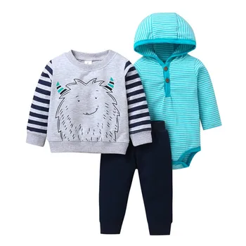 

Baby's Sets Three-Piece Long-Sleeved Trousers Bodysuit Hooded Boys Cartoon Striped T-Shirt Solid Color Pants Romper K