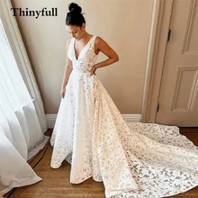 

Modern Lace Flower Beach Wedding Dresses A Line V Neck Long Princess Bridal Gowns Bride Dress Vestidos de festa Robe de mariee