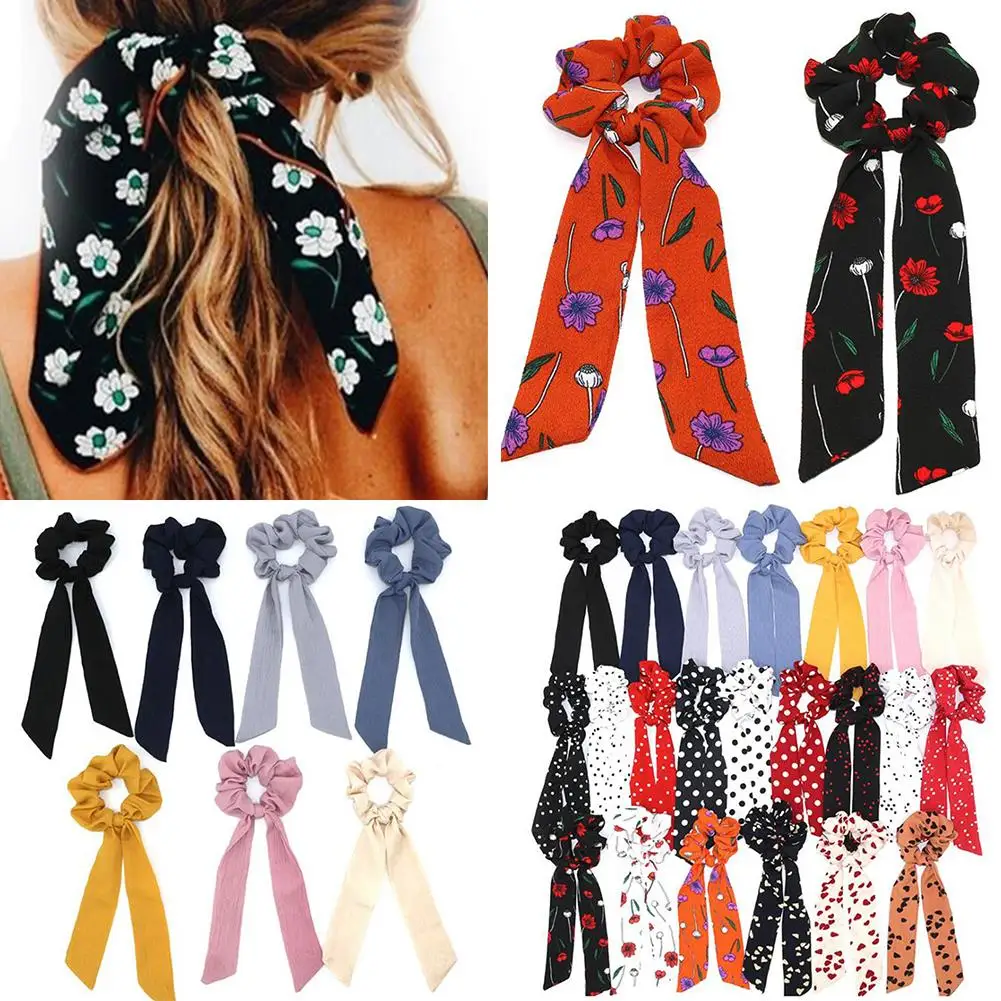Hot Solid/Floral Print Bow Long Ribbon Girls Hair Accessories Ponytail Scarf Women Hair Tie Elastic Hair Bands Bowknot Scrunchie