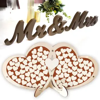 

Unique Double Heart Wedding Guest Book Signature Sign with 100 Wood Hearts Drop Frame Rustic Decor