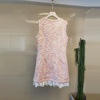 

HAMALIEL Runway Fashion Women Tweed Sleeveless Dress Spring Pink Woolen Patchwork Lace Vest A Line Dress Weave Pocket Vestidos